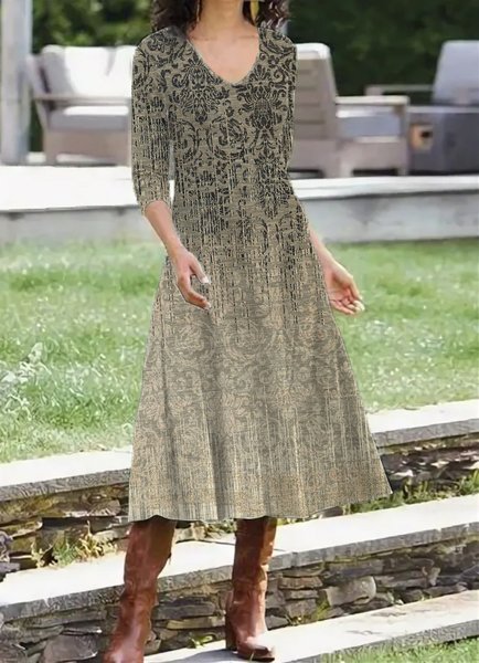 

V Neck Loose Ethnic Dress, Multicolor, Midi Dresses