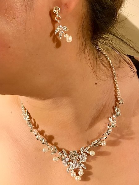 

Pearl Diamond Necklace Earrings Jewelry Set Banquet Party Accessories, Silver, Jewelry
