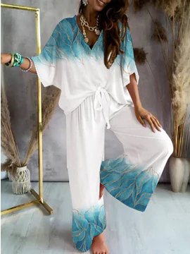 

Floral Loose Casual Two Piece Sets, White, Suit Set