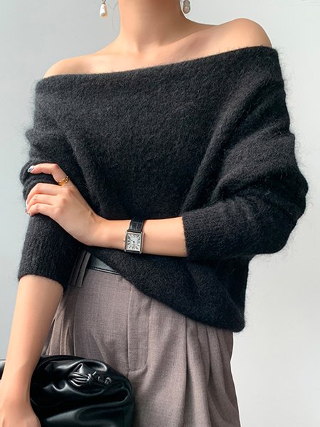 

Daily Long sleeve Simple Cold Shoulder Plain Sweater, Black, Sweaters
