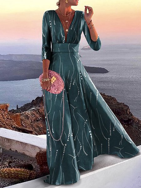 

Elegant Striped Regular Fit Long Dress, Green, Maxi Dresses