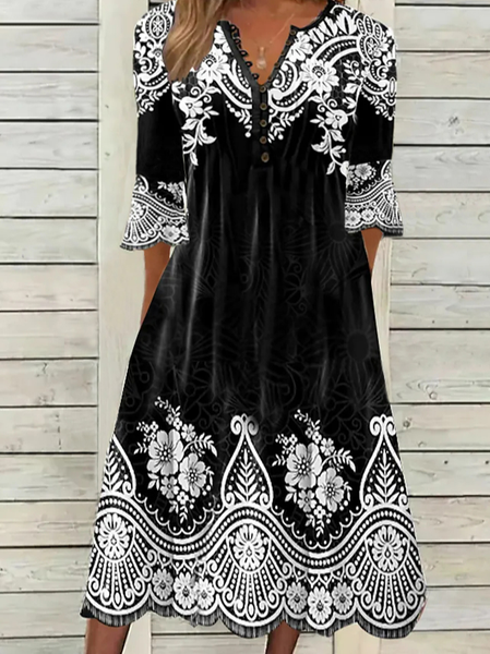 

Floral V Neck Loose Dress, Black-white, Dresses