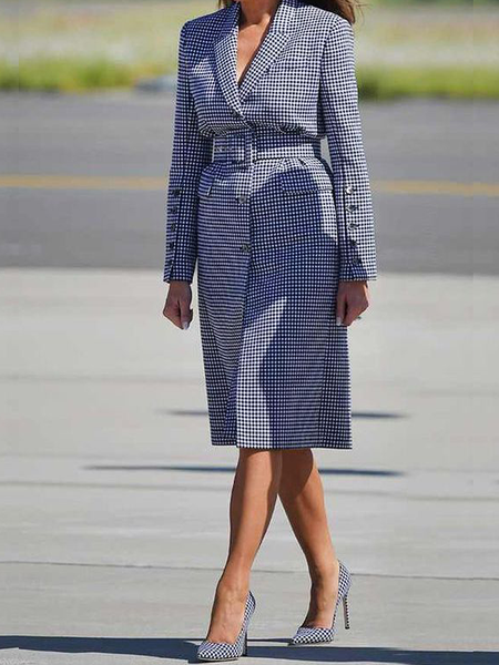 

Loose Plaid Lapel Collar Long sleeve Urban Mid-long Blazer, Blue, Outerwear