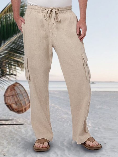 

Men's Cotton Linen Work Pocket Casual Pants, Khaki, Men's pants