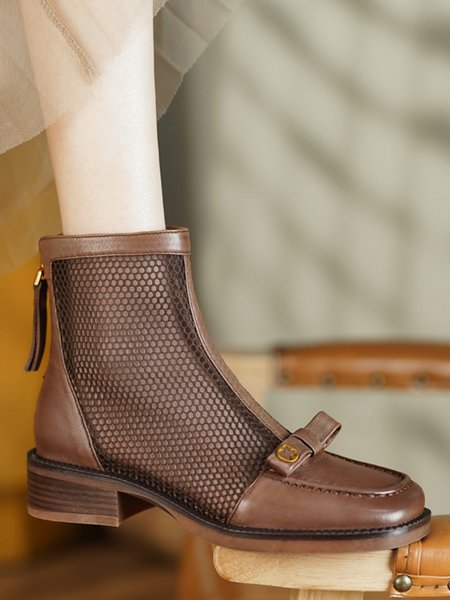 

Bow Metal Button Mesh Panel Leather Booties, Coffee, Boots