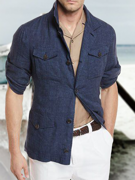 

Cotton linen style American casual Lapel Multi Pocket cotton linen Long Sleeve Shirt, As picture, Long Sleeve Shirts