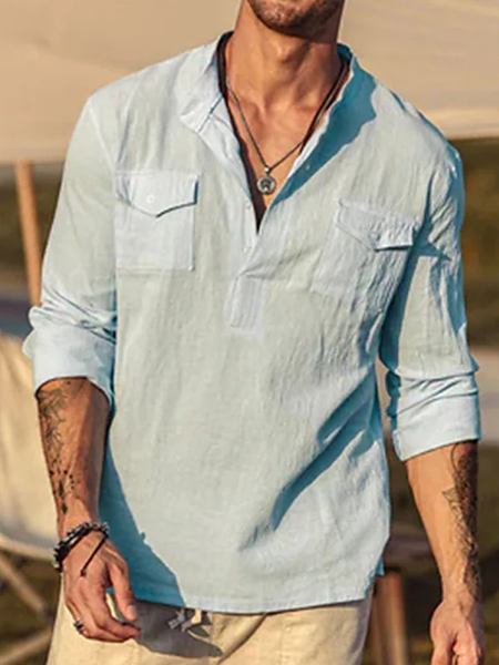 

Cotton linen style American casual half open collar cotton linen Long Sleeve Shirt, As picture, Long Sleeve Shirts