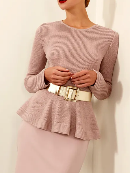 

High Elasticity Regular Fit Elegant Crew Neck Long sleeve Sweater, Nudepink, Sweaters