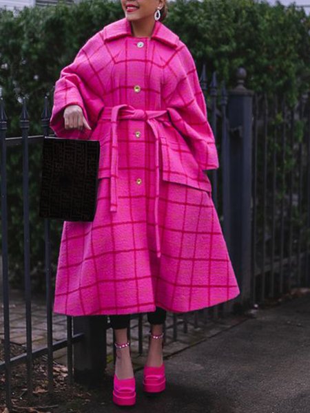 

Daily Long sleeve Plaid Shawl Collar Regular Fit Overcoat, Rose red, Coats