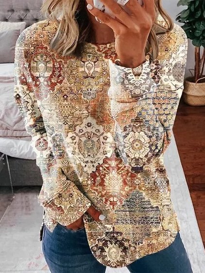 

Crew Neck Loose Casual Ethnic Sweatshirt, Multicolor, Hoodies & Sweatshirts