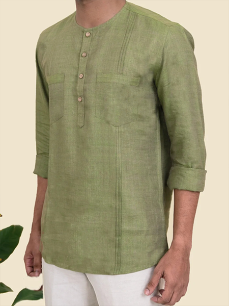 

Cotton linen style American casual stand collar folded cotton linen Long Sleeve Shirt, As picture, Long Sleeve Shirts