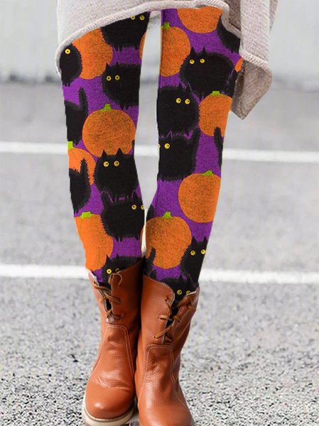 

Womens Halloween Black Cat Casual Leggings, As picture, Leggings