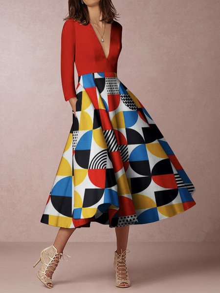 

Elegant Regular Fit V Neck Midi Dress, Multicolor, Midi Dresses