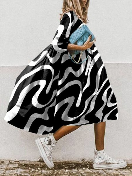

Casual Crew Neck Loose Midi Dress, Black-white, Midi Dresses