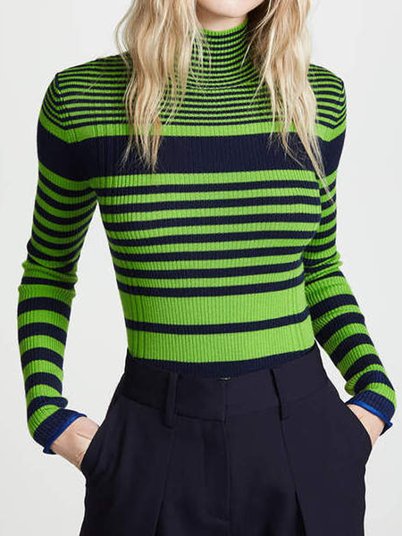 

Tight High Elasticity Turtleneck Tight Striped Sweater, Green, Sweaters