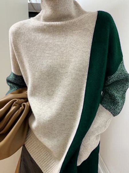 

Simple Long Sleeve Color Block Loose Sweater, Green, Sweaters