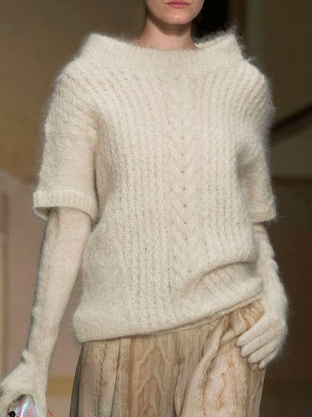 

Urban Stand Collar Plain Loose Half Sleeve Sweater, Off white, Sweaters