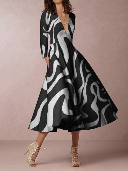 

Abstract Regular Fit Elegant Midi Dress, Black, Midi Dresses