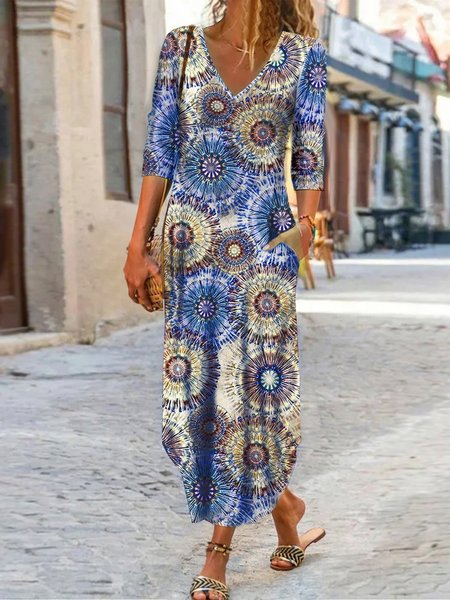 

Abstract Geometric Print V-neck Medium Sleeve Jersey Long Dress, Blue, Dresses
