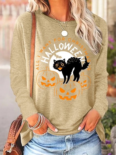 

Women All I Want For Christmas Is Halloween Simple Crew Neck Tops, Khaki, Long sleeves