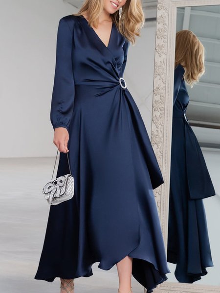

V neck Long sleeve Regular Fit Plain Dress, Dark blue, Midi Dresses