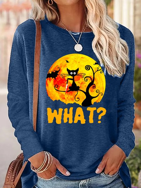 

Womens Balck Cat Halloween Crew Neck Casual Tops, Blue, Long sleeves