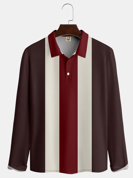 

Casual Art Collection Geometric Stripes Color Blocking Lapel Button Long Sleeve Print Polo Shirt, Red brown, Long Sleeve T-shirts