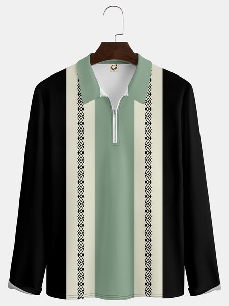 

Casual Art Collection Geometric Stripes Color Blocking Lapel Zip Long Sleeve Printed Polo Shirt, Black, Long Sleeve T-shirts