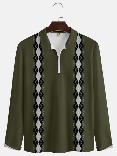 

Casual Art Collection Geometric Color Block Diamond Pattern Lapel Zip Long Sleeve Print Polo Shirt, Deep green, Long Sleeve T-shirts