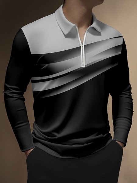 

Casual Art Collection 3D Gradient Striped Geometric Color Block Pattern Lapel Zip Long Sleeve Printed Polo Shirt, Black, Long Sleeve T-shirts