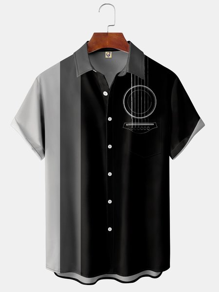 

Men's Simple Striped Music Print Casual Breathable Hawaiian Short Sleeve Shirt, Black, Short Sleeve Shirts