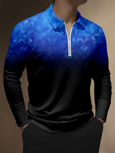 

Casual Art Collection 3D Gradient Geometric Color Block Pattern Lapel Zip Long Sleeve Print Polo Shirt, Blue, Long Sleeve T-shirts