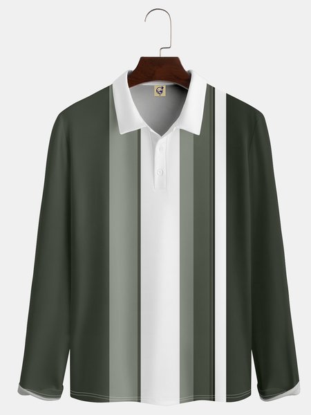 

Casual Art Collection Geometric Stripes Color Blocking Lapel Button Long Sleeve Print Polo Shirt, Dark green, Long Sleeve T-shirts