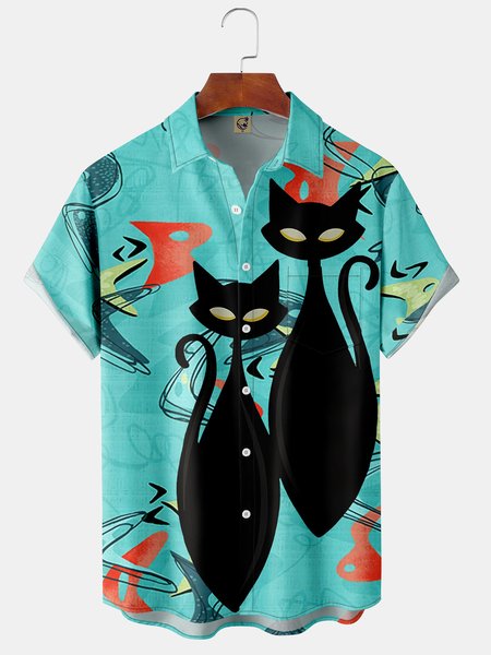 

Men's Medieval Cat Print Casual Breathable Hawaiian Short Sleeve Shirt, Green, Short Sleeve Shirts