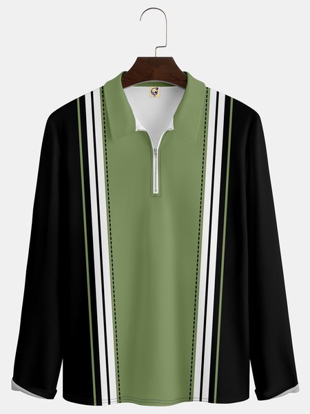 

Casual Art Stripe Geometric Colorblock Lapel Zip Long Sleeve Print Polo Shirt, Black, Long Sleeve T-shirts