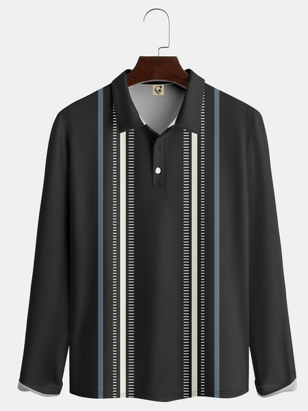 

Casual Art Collection Geometric Stripes Color Blocking Lapel Button Long Sleeve Print Polo Shirt, Dark gray, Long Sleeve T-shirts