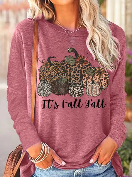 

Womens It's Fall Y'all Shirt Leopard Pumpkin Casual Top, Rose red, Long sleeves