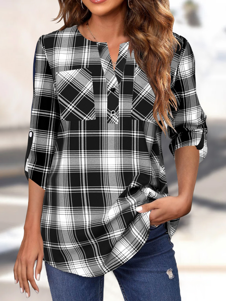 

Casual Black Plaid Pocket Split Neck Blouse, Shirts & Blouses