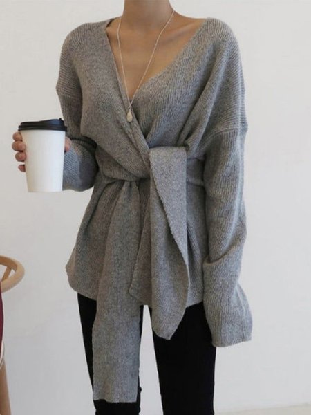 

Simple Long Sleeve Plain Cross Neck Sweater Coat, Gray, Sweaters