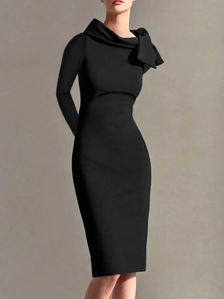 

Elegant Stand Collar Regular Fit Plain Long sleeve Dress, Black, Midi Dresses