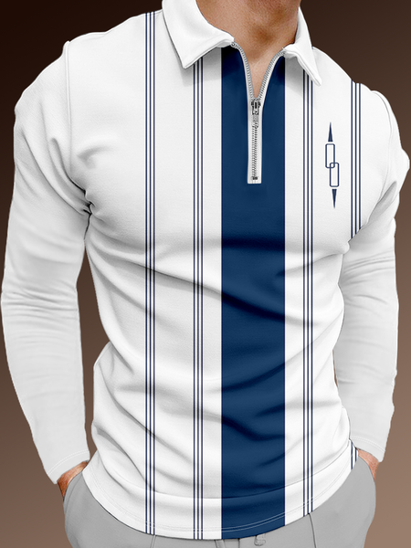 

Casual Art Collection Geometric Stripes Color Block Pattern Lapel Long Sleeve Polo Print Top, White, Polos