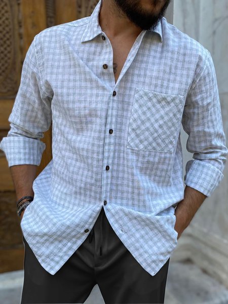 

Men's Cotton and Linen Style Check Pocket Long Sleeve Shirt, Gray, Long Sleeve Shirts