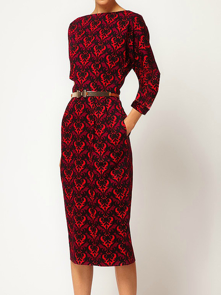 

Regular Fit Boat Neck Three Quarter Midi Dresses, Red, Midi Dresses