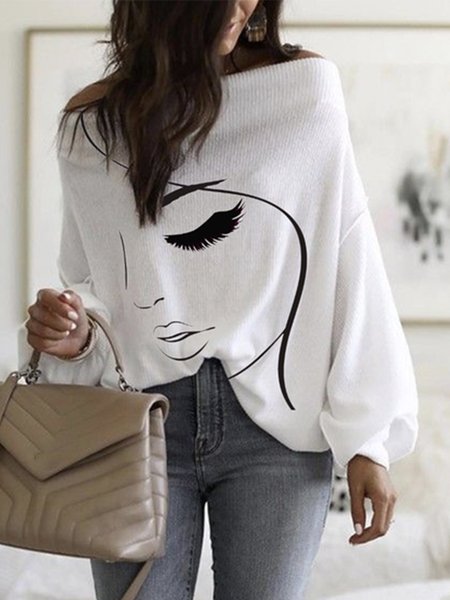 

Simple Long Sleeve Loosen Top, White, Tops