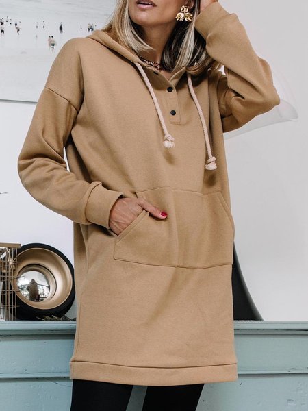 

Plain drawstring hooded loose Hooded Hoodie plus size, Camel, Mini Dresses