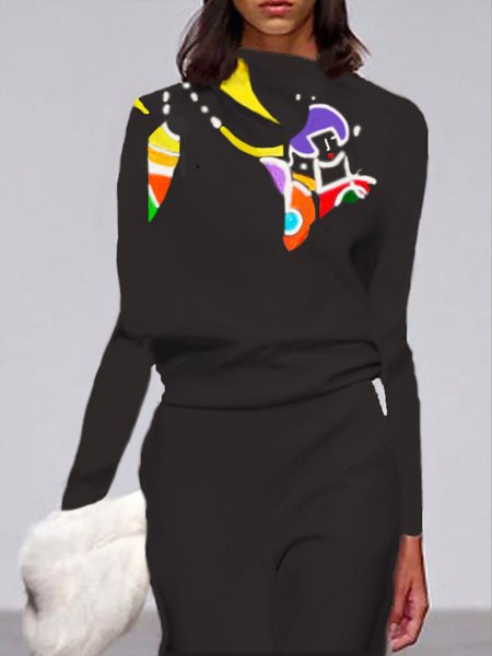 

Urban Stand Collar Abstract Printed Long Sleeve Top, Black, Tops