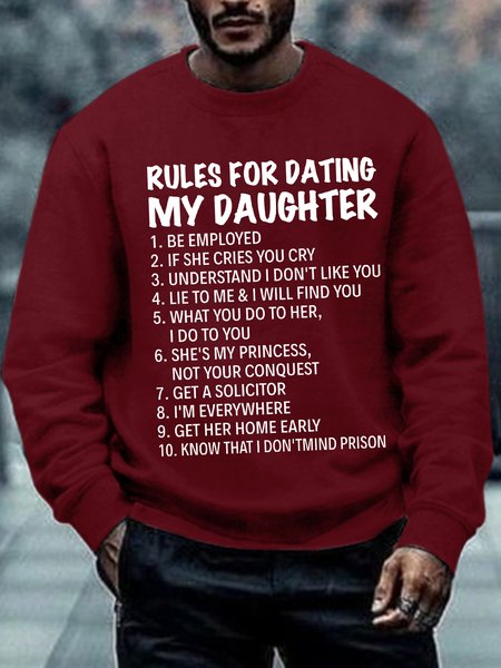 

Men Funny Saying Rules For Dating My Daughter Text Letters Crew Neck Loose Sweatshirt, Red, Hoodies&Sweatshirts