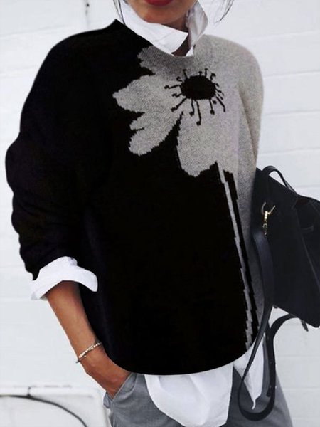

Urban Loose Crew Neck Floral Long sleeve Sweater, Black, Sweaters