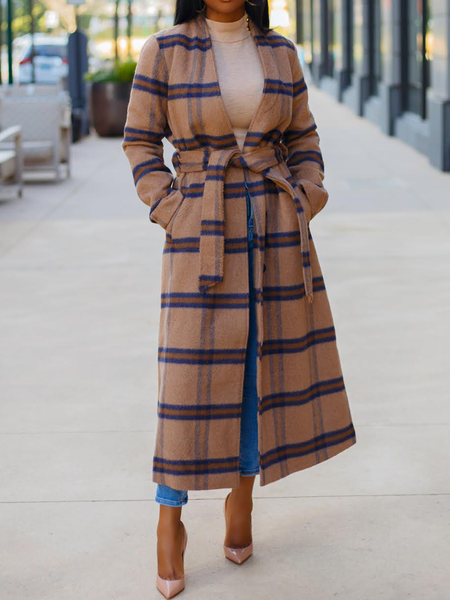

Loose V neck Long sleeve Urban Plaid Overcoat, Brown, Coats