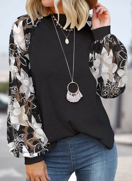 

Loose Crew Neck Casual Floral Lace Top, Black, Tops
